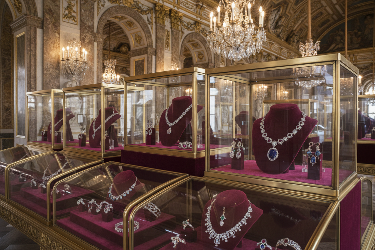 8k jewelry sets on maroon velvet in glass boxes in French palace with gold marble