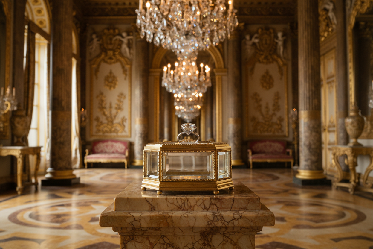 8k Solitaire Dimond in glass box in French palace with golden marble 