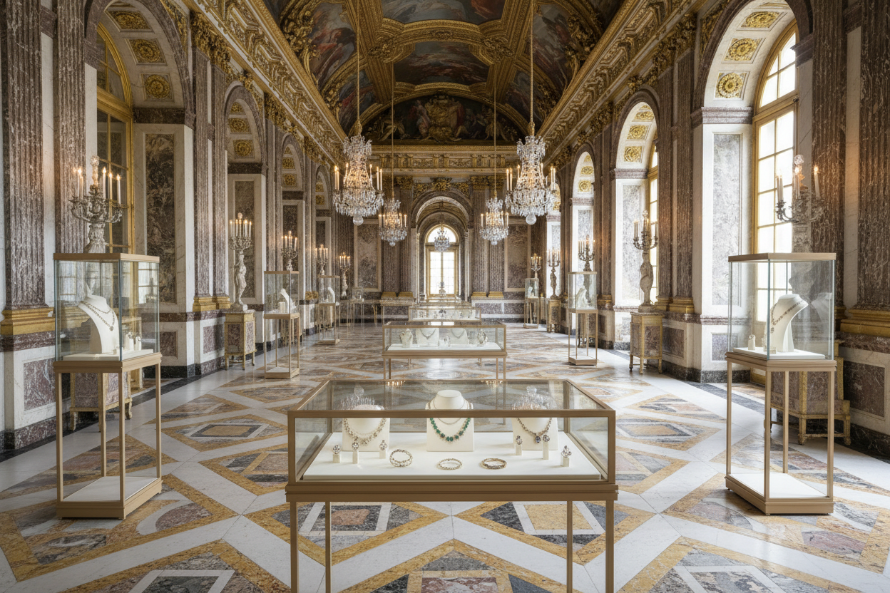 Versailles palace marble inside with jewelry in  glass boxes 